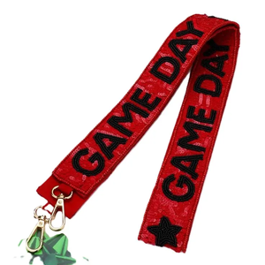 Sangle en toile rouge pour le jour du match avec texte brodé noir et motif étoile – Accessoire de poignée d'épaule tendance et à la mode - Product Image 1