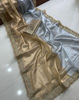 Sari en organza de viscose gris glace beige doré avec bordure en dentelle fantaisie unie, tenue de soirée traditionnelle élégante pour femmes