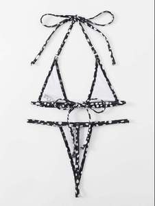 Women's Dot Print Bikini Set <b>Crossed</b> Halter <b>Top</b> Thong Bottoms Stretch Swimwear - Product Image 2
