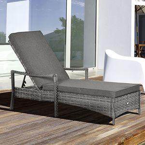 Sedia a Sdraio in Teak e Vimini a 4 Posizioni Regolabili, Grigio Scuro con Cuscino Rimovibile per Bordo Piscina e Balcone - Product Image 2