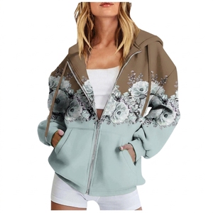 Women's Blue <b>Hooded</b> <b>Zip</b>-Up Sweatshirt Front Sublimation Printed Regular Fit Hip Hop Style 100% Cotton Knitted - Product Image 4