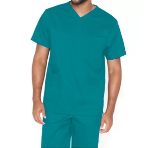 Men Black V-Neck Short Sleeve Scrub <b>Top</b> Cotton Polyester Woven Hospital Uniform - Product Image 1