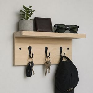 Natural Wood Wall <b>Hook</b> Minimalist Key Hanger With <b>Shelf</b> space Modern Storage Solution for Entryway Bathroom and Hallway - Product Image 3