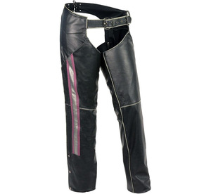 Women's Motorcycle <b>Riding</b> <b>Chaps</b> Women's 'Pink Stripe' Classic Black Rub-Off Low-Rise Leather <b>Chaps</b> - Product Image 1