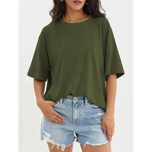 Camiseta Extra Grande Verde Oliva para Mujer, Manga Corta, Cuello Redondo, Corte Holgado, Algodón Jersey, Primavera Verano, Informal - Product Image 1
