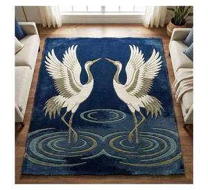 Tapis de luxe de style oriental bleu avec ondulations d'eau, tapis rectangulaire 3D tufté à la main motif grue japonaise - Product Image 2