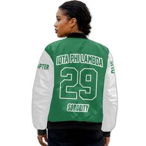 Blouson Bomber Personnalisé pour Femme Iota Phi Lambda, Vert Émeraude et Blanc, avec Écusson à Lettres Grecques au Dos et Fermeture Éclair - Product Image 2