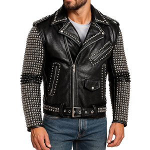 Men's Black PU Leather Motorcycle <b>Jacket</b> Punk Style Rivet Decorated Zipper Closure Turn-down Collar <b>Slim</b> <b>Fit</b> Autumn Wear - Product Image 1