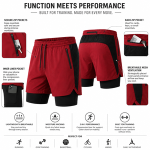 Men's Red Two <b>Layer</b> Sport Shorts With Drawstring And Zip Pockets Custom Logo Front - Product Image 3