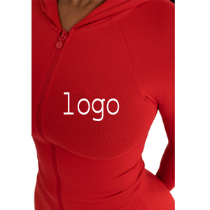 Combinaison moulante rouge à capuche pour femme, manches longues, taille haute, fermeture éclair, effet ventre plat, tenue de club, couleur unie, longueur intégrale - Product Image 5