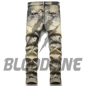 Jeans de Mezclilla para Hombre BLOODLINE, Corte Recto, Desgastados, Cintura Alta, Ajustados, de Algodón, Estilo Casual de Verano, con Estampado de Estrellas - Product Image 3