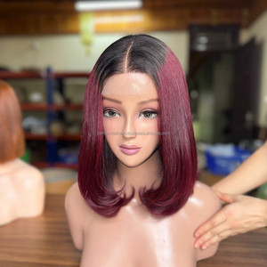 Vietnamese Human Hair Lace <b>Front</b> <b>Wig</b> Medium Length Dark Root Burgundy Color Swiss Lace Base With Baby Hair For Women - Product Image 3