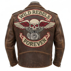 Chaqueta de Motero Unisex de Cuero Genuino Desgastado Estilo Vintage, con Bordado Personalizado de Calavera Wild Rebels, Corte Ajustado, Frente de Lona Estilo Punk - Product Image 2