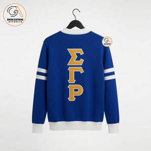 ซิกมาแกมมาโร |   เสื้อสเวตเตอร์ลำลองสำหรับผู้หญิง ลายปักกรีก สีน้ำเงิน แขนยาว คอวี ระบายอากาศได้ดี 100% - Product Image 2