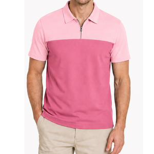 Camisas Polo Premium para Hombre en Bloques de Color Rosa Oscuro y Rosa Claro, Cuello Redondo con Cierre de Cremallera, Manga Corta, Corte Ajustado, Transpirables - Product Image 1