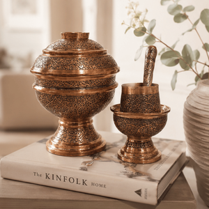 Handmade Oriental Copper Bowl Set Carved Metal <b>Decorative</b> Bowls with <b>Lid</b> and Spoon for Gifting - Product Image 1