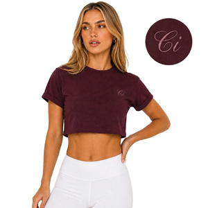 Haut court athlétique en coton pour femme, coupe carrée, couleur unie, manches courtes à revers, col rond – Vente en gros - Product Image 1