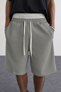 Shorts Bermuda en Coton Gris pour Homme, Taille Mi-Haute avec Cordon de Serrage, Style Décontracté, Couleur Unie, Tissu Tricoté Respirant - Product Image 3