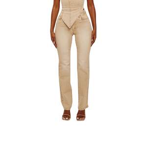 Jeans en denim beige de haute qualité, coupe slim taille haute, style chic minimaliste urbain, mode féminine, vente en gros, fourniture OEM ODM - Product Image 1