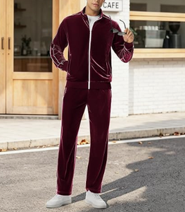 Ensemble de survêtement en velours bordeaux, veste à col montant zippée et pantalon à rayures latérales, tenue deux pièces - Product Image 3