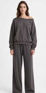 Women Casual Solid Grey <b>2</b> <b>Piece</b> Lounge <b>Set</b> Off Shoulder Sweatshirt <b>and</b> Wide Leg Pants - Product Image 4