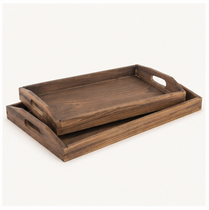 Handcrafted Rustic Dark Brown Wooden Serving Tray <b>Set</b> Of 2 <b>Nesting</b> Rectangular Wood Platters With Cutout Handles <b>Coffee</b> <b>Table</b> - Product Image 5