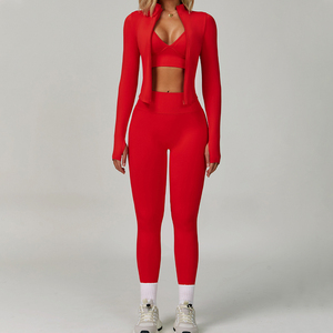 Women Red Yoga Set High Waist <b>Leggings</b> <b>Crop</b> Top Long Sleeve Zipper Front Seamless Sportwear Full Length Solid Color - Product Image 1