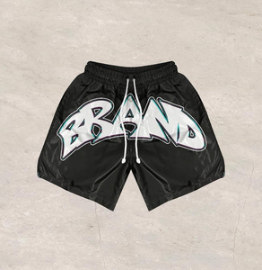 Pantalones Cortos Deportivos de Satén Negro para Hombre, Transpirables, de Punto, con Logotipo de Banda Blanca Estampado, de Secado Rápido, para Entrenamiento de Verano y Ropa Urbana - Product Image 1