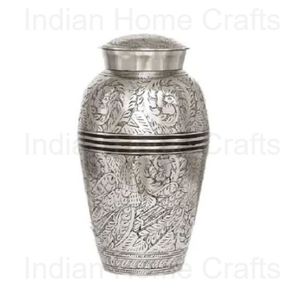 Handmade Silver Metal Cremation Urn for Human Ashes 220 Cubic Inch Decorative <b>Memorial</b> <b>Keepsake</b> with Floral Engraved Lid Body - Product Image 3