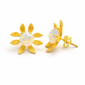 Fashion Sunflower <b>Opal</b> <b>Stud</b> <b>Earrings</b> 925 Sterling Silver Gold Plated Bezel Setting Cabochon Synthetic <b>Opal</b> Wedding Luxury - Product Image 3