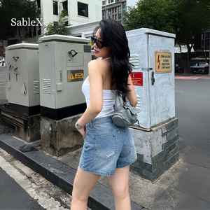 SableX Women's Light Blue Mid-Waisted Denim Shorts-Eco-Friendly Spandex/Cotton 3D Pattern Quick Dry Breathable <b>Vintage</b> Sporty - Product Image 6