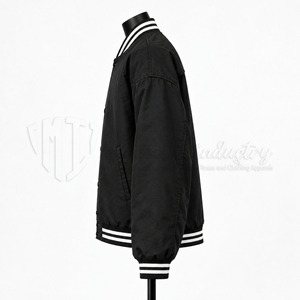 Chaqueta Bomber Varsity Negra Personalizada para Hombre, Chaqueta Universitaria Unisex con Cuello y Puños Acanalados a Rayas, Chaqueta de Béisbol Estilo Urbano, OEM ODM - Product Image 5
