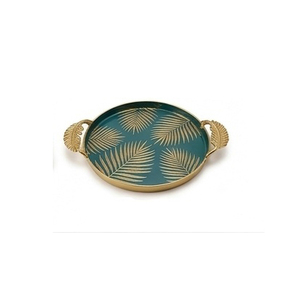 Bandeja de Servir con Diseño de Hojas Tropicales y Asas Doradas, Acabado Metálico Pulido, Uso Residencial - Product Image 1