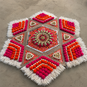 Tapis Rangoli en pompons faits main en forme d'étoile, rose, orange, blanc, avec décorations miroir perlées, pour Diwali, mariage, Puja, sol - Product Image 5