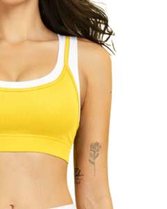 ชุดออกกำลังกายผู้หญิงแบบกำหนดเอง สีเหลืองขาวตัดกัน เสื้อชั้นในกีฬาและกางเกงขาบานเอวสูง ผ้าสเตรช สำหรับโยคะ ฟิตเนส ยิม รับผลิตตามแบบ OEM ขายส่ง - Product Image 5