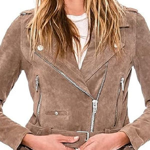 Chaqueta de cuero de gamuza para mujer, impermeable, para invierno, color marrón liso, talla regular. - Product Image 6