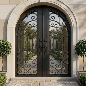 Portes d'entrée extérieures en fer forgé cintrées, résistantes à l'eau, avec verre décoratif, style traditionnel personnalisé - Product Image 4