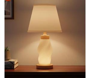 Modern Glass <b>Table</b> <b>Lamp</b> With Wood <b>Base</b> And White Drum Shade Warm White - Product Image 4