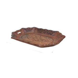 Plateau de service rectangulaire en bois de Sheesham sculpté à la main avec incrustations florales, style marocain, plateau décoratif pour boissons avec poignées - Product Image 4