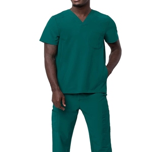 Men Green V-Neck Short Sleeve Scrub <b>Top</b> And Pants Set Cotton Polyester Woven Hospital Uniform - Product Image 2