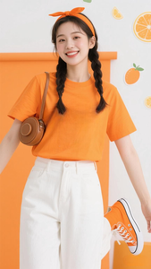 T-shirt pour femme en coton 95% + élasthanne 5%, tricoté, décontracté/streetwear/plage, orange, imprimé, respirant, été/printemps - Product Image 2