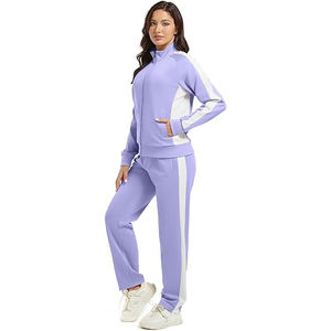 Conjunto Deportivo de Mujer con Cuello Alto, Chaqueta con Cierre Completo de Mezcla de Algodón y Spandex, Leggings de Cintura Alta, Texturizado, para Deporte y Descanso - Product Image 5