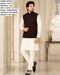 Ensemble Kurta Pyjama en Velours de Soie pour Homme, Longueur Ras du Sol, Broderie Jari, Violet, Tenue Traditionnelle de Mariage, Séchage Rapide, Coupe Classique, Toutes Tailles - Product Image 2