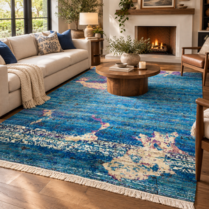 Hand Knotted Wool Area <b>Rug</b> <b>Teal</b> Blue Abstract Distressed Design Beige Purple Living Room Bedroom Hotel Decor - Product Image 1