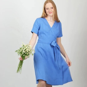 Nouvelle arrivée, robe midi simple à boutons, en coton naturel, style été, coupe évasée, col en V, manches courtes, écologique, pour femmes - Product Image 1
