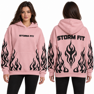 Sweat-shirt à capuche oversize pour femme, imprimé flamme rose, en coton tricoté, écologique, respirant, coupe-vent, streetwear, hiver - Product Image 1