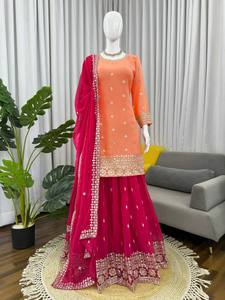 Ensemble Sharara Plazza pour femme en Faux Georgette, richement brodé, avec Dupatta, robe ethnique traditionnelle de mariage à manches longues, effet froissé - Product Image 1