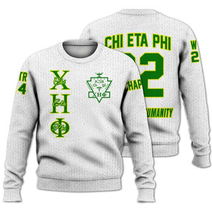 เสื้อสเวตเตอร์ไหมพรมคอกลมสีขาวเขียวลายตัวอักษรกรีก Chi Eta Phi สำหรับผู้ชาย ทรงปกติ สวมใส่สบาย - Product Image 3