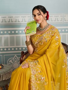 Sari Amarillo de Seda con Bordado Floral para Mujer, Ropa Étnica Tradicional India, Estilo Bollywood, para Bodas, Fiestas y Festivales - Product Image 3