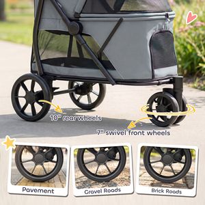Passeggino a 3 ruote per cani di taglia media, facile da piegare con un clic, finestra in rete, cuscino lavabile, grigio - Product Image 5